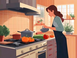 young woman cooking in kitchen