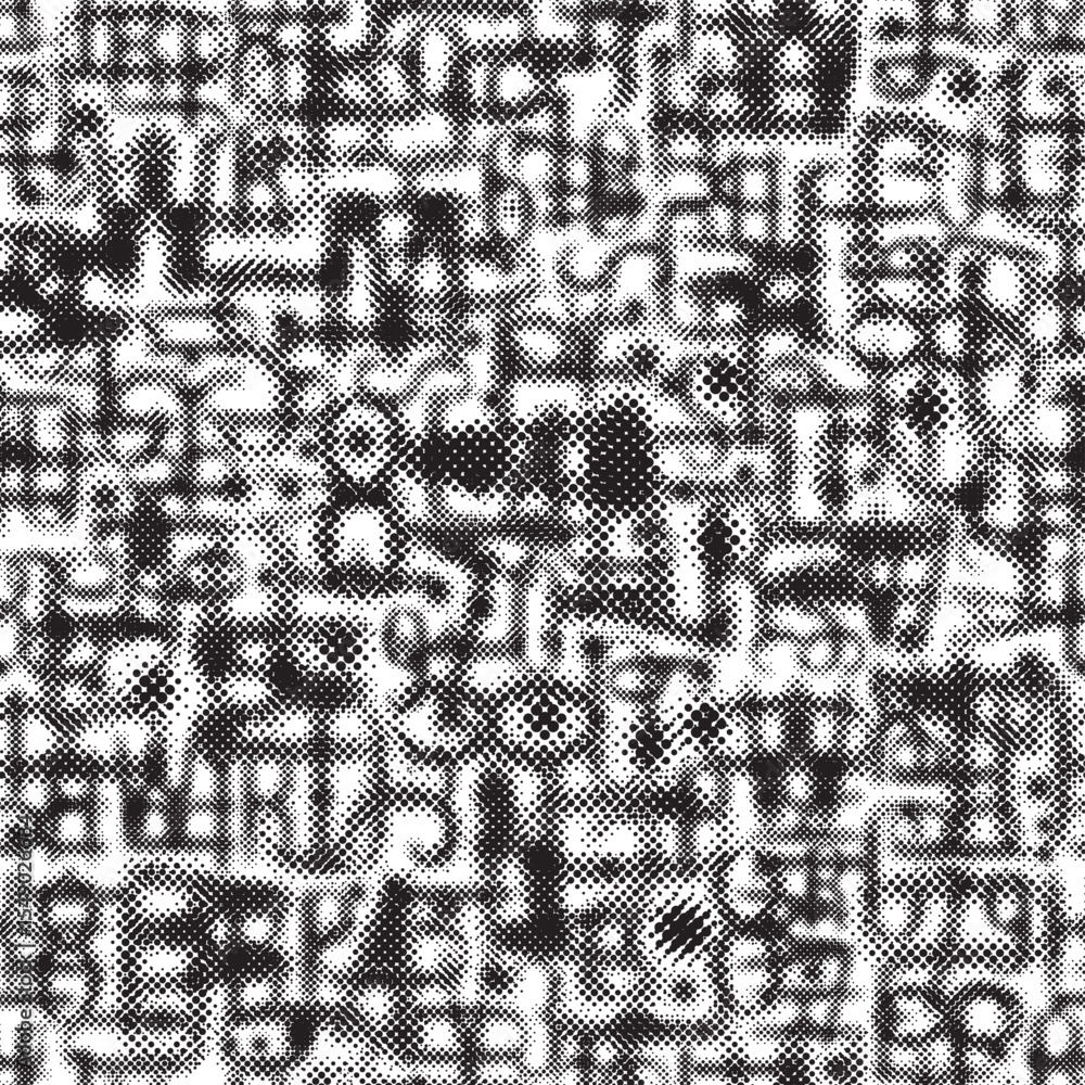 Poster vector seamless pattern with signs or illegible font consisting of dots. on the theme of matrix prin