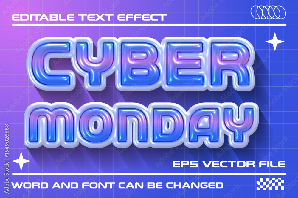 Poster cyber monday promotion sale 3d inflated chrome text effect. glossy inflate editable text style
