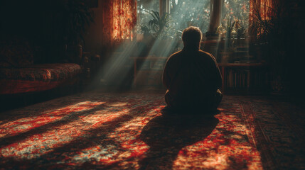muslim, Middle-Eastern man praying on a rug in his living room praying, spiritual peace