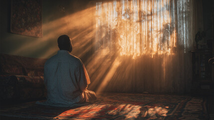 a man in room performing a prayer with light light coming from window