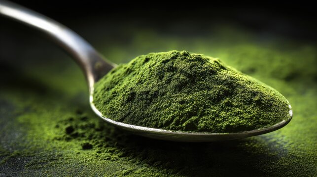 Stunning photo of close up of green chlorella algae powder on spoon. Healthy, natural food supplement.