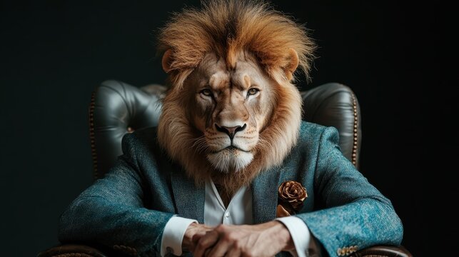 A striking representation of a lion with a humanlike posture and attire, displaying an aura of confidence and majestic flair, merging the wild with the elegance of fashion.