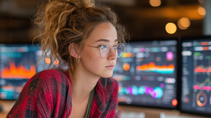 Young Woman Reviewing Social Media Analytics, graphs,  financial reports on Desktop