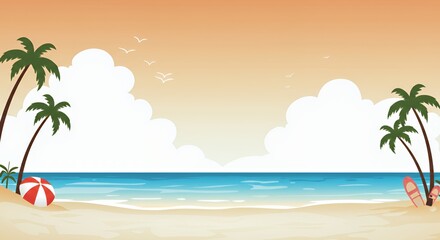 Idyllic Sunset Beach Scene with Palm Trees, Beach Ball, and Surfboards