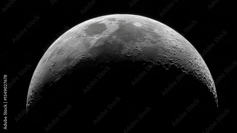 Poster stunning photo of crescent of a young moon with a large increase. moon, view through a telescope. th