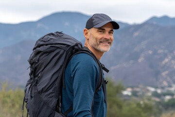Adventurous hiker in nature with mountain views