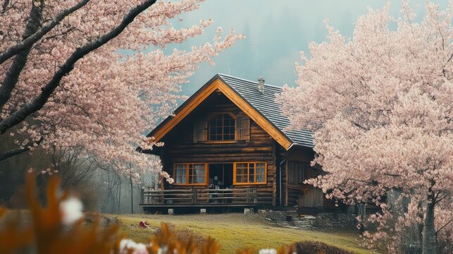 Rustic Log Cabin Surrounded by Blooming Cherry Trees in Springtime