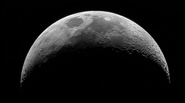 Stunning photo of crescent of a young moon with a large increase. Moon, view through a telescope. The moon with craters. Real photos of space objects through a telescope.