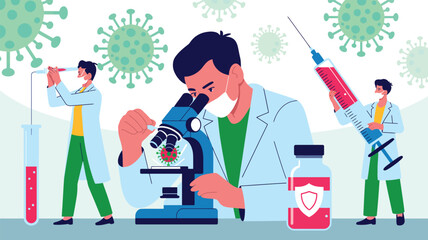 Fototapeta premium scientists researching covid-19 vaccine in high-tech lab using microscope, test tube, syringe, and vial with virus illustrations
