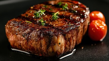 A perfectly grilled steak is served with roasted tomatoes and thyme, representing a culinary masterpiece that emphasizes quality ingredients and robust flavors.