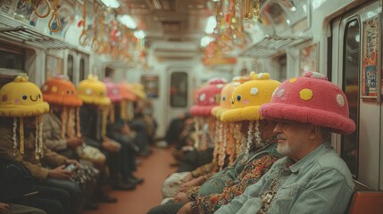 Commuters in Jellyfish Hats on Subway