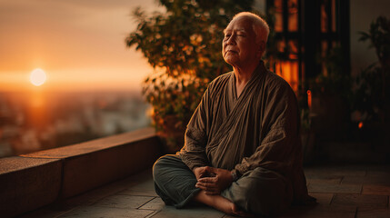 Elderly Asian Man Meditating on Balcony at Sunrise
