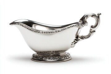 Elegant silver gravy boat. Ornate, decorative, and classic. Features a graceful, curved body with a handle and a footed base