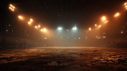 Stunning photo of desolate rodeo arena illuminated by bright lights and lingering smoke. Concept Rodeo Arena, Bright Lights, Smoke, Desolate Setting.