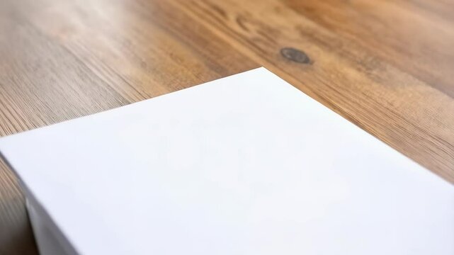 Stack of pristine blank white paper sheets resting on a smooth wooden surface, ready for printing or writing
