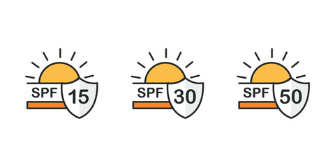 SPF Protection Icons SPF 15, 30, and 50 | Sun Protection Factor Levels in Icon Set | Sunscreen Label Icons for Skincare Packaging.