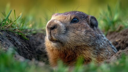 Naklejka premium A groundhog is seen peeking out from its burrow surrounded by soft green grass under the warm afternoon sun. The animal displays curiosity and alertness in its natural habitat