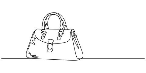Woman bag continuous one line drawing. Lady's bag single line art vector illustration, Elegant fashion woman leather handbag in sketch style Continuous One Line Drawing, ladies bag, minimalism, strap.