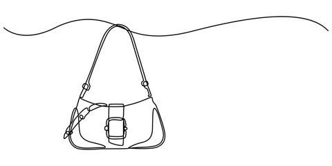 Woman bag continuous one line drawing. Lady's bag single line art vector illustration, Elegant fashion woman leather handbag in sketch style Continuous One Line Drawing, ladies bag, minimalism, strap.