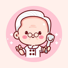 Cute Grandpa Chef Holding Spoon and Peace Sign Hand drawn vector illustration