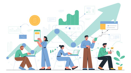business team collaboration with digital data analytics, upward trend arrow, and graphs representing growth, productivity, and strategy