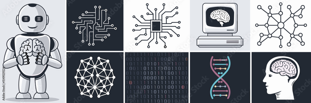 Poster collage of ai and machine learning icons with robot, brain, and data elements