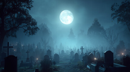 halloween background: Foggy Graveyard at Midnight with Full Moon