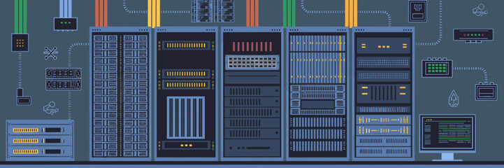 Network server room with racks and equipment icons – Suitable for data center brochures, IT infrastructure presentations, or system management visuals