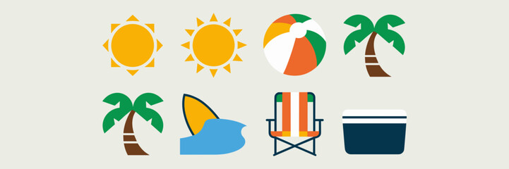 Obraz premium Set of eco-friendly summer icons with sun, surfboard, beach ball, and palm tree