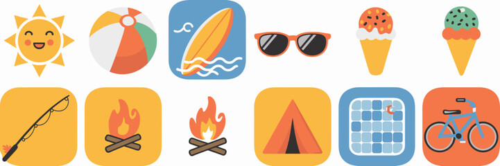 Bright and playful kids’ summer activity tracker icons with sun, campfire, swimming pool, and bicycle