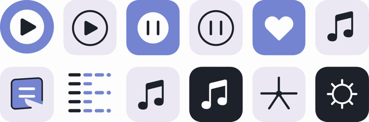Music app icons for playback, playlists, and settings in modern style