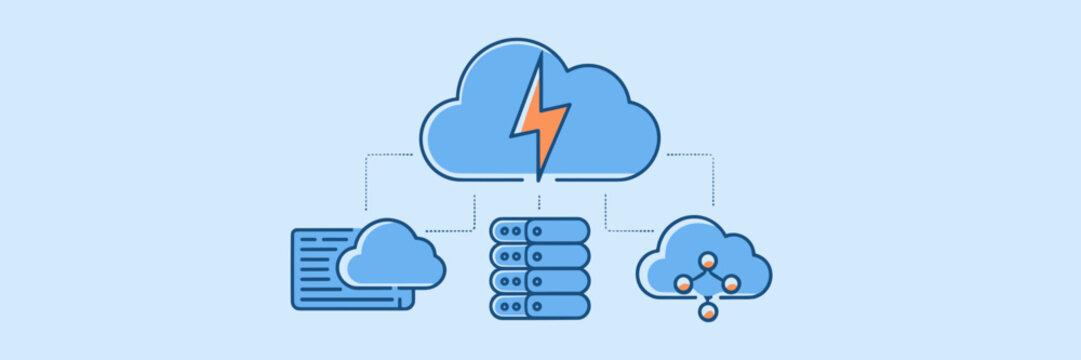 Cloud computing icons with overlays for storage, network, and servers – Great for cloud solutions, hosting services, or data infrastructure platforms