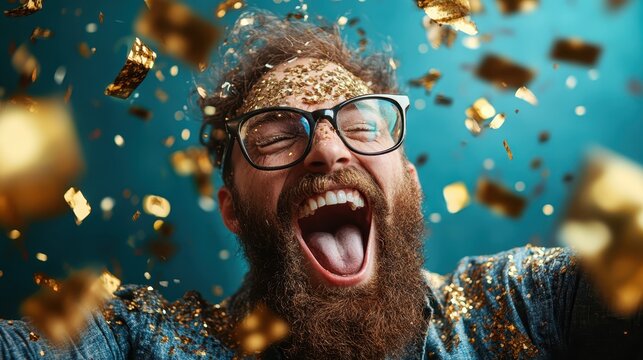A jubilant man celebrating amidst an explosion of gold confetti, capturing the essence of joy, excitement, and festivity, perfect for any celebration or milestone achievement.