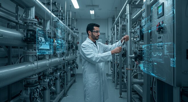 Industrial Technician Utilizing Augmented Reality for System Maintenance - Powered by Adobe