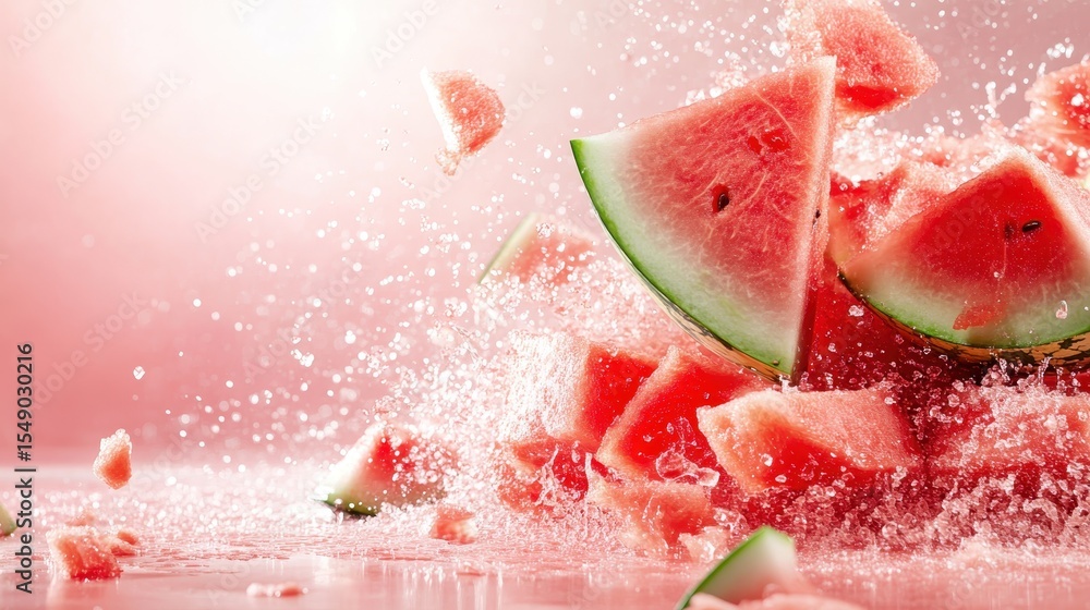 Poster this dynamic image captures a watermelon bursting into pieces, creating a splash of juice and vibran