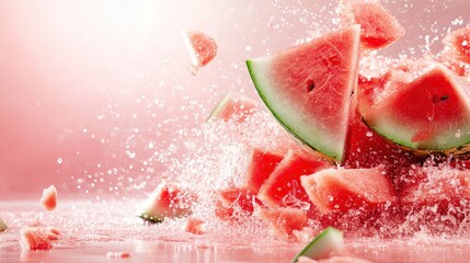 Fototapeta premium This dynamic image captures a watermelon bursting into pieces, creating a splash of juice and vibrant colors, symbolizing freshness and summer fun in a playful manner.