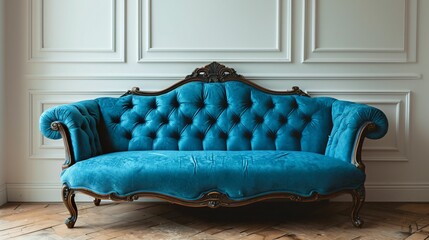 Canapé bleu dans une salle vide, sofa et attente 