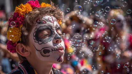 Boy with Painted Skull Face Blowing Bubbles During Festival. the day of the dead, dia de los muertos