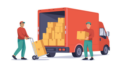 delivery workers loading boxes into a red truck using hand truck and manual lifting – logistics, courier, and freight transport service