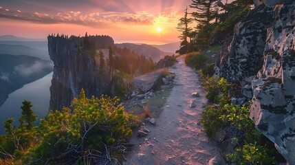 Narrow trail ending at cliff with glowing sunrise and distant lake