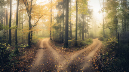 Fototapeta premium A mystical crossroads splitting into two paths in an enchanted forest, golden light through ancient trees. Choices and mystery in a magical woodland. 