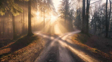 Obraz premium A mystical crossroads splitting into two paths in an enchanted forest, golden light through ancient trees. Choices and mystery in a magical woodland. 