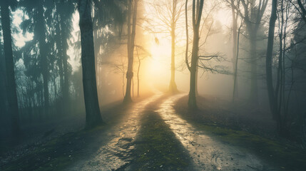 Obraz premium A mystical crossroads splitting into two paths in an enchanted forest, golden light through ancient trees. Choices and mystery in a magical woodland. 