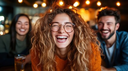 A group of three friends beams with joy, capturing a moment of laughter and togetherness, highlighted by warm lighting that enhances their cheerful expressions and bond.