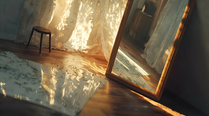 Sunlight streams through sheer curtains, illuminating a room with a wooden stool and mirror.  Reflections dance on the floor