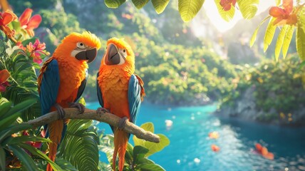 Vibrant Macaws Perched in Tropical Paradise tropical vibrant paradise macaw parrot birds jungle lush