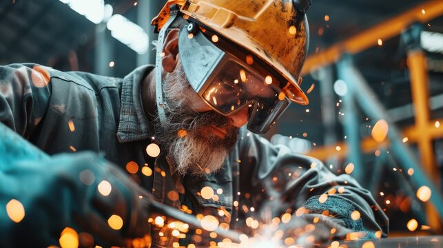 A skilled worker expertly focuses on a welding task, surrounded by flying sparks and bright light, showcasing dedication and craftsmanship in metalwork and trade skills.