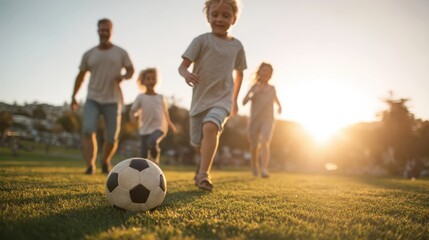 Fototapeta premium Parents and children engage in a lively game of soccer in a spacious park during golden hour. Everyone runs energetically towards the ball, sharing smiles and laughter