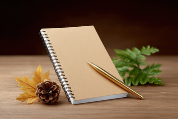 Fototapeta premium Blank notebook with gold pen, autumn leaves, pine cone, and green foliage on wooden surface, cozy and natural setting for writing or note taking